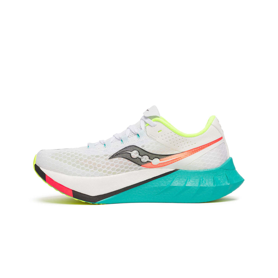 Medial view of the right shoe from a pair of Saucony Men's Endorphin Pro 4 Running Shoes in the White/Mutant colourway. (8654191231138)