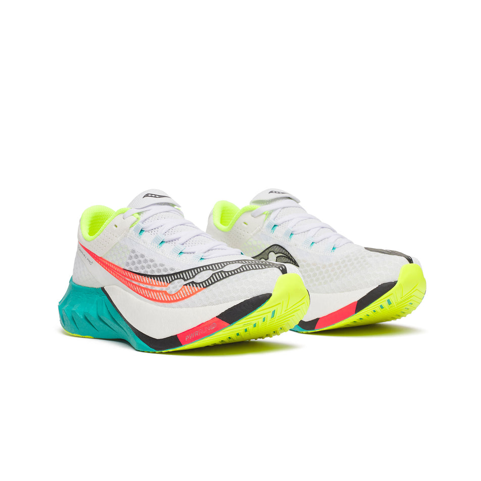 A pair of Saucony Men's Endorphin Pro 4 Running Shoes in the White/Mutant colourway. (8654191231138)