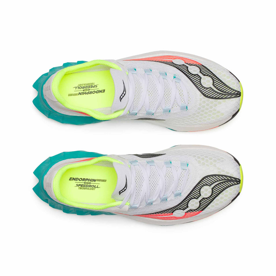 The uppers of a pair of Saucony Men's Endorphin Pro 4 Running Shoes in the White/Mutant colourway. (8654191231138)