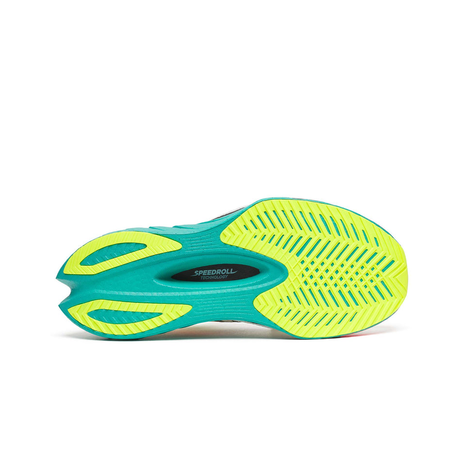 The outsole of the right shoe from a pair of Saucony Men's Endorphin Pro 4 Running Shoes in the White/Mutant colourway. (8654191231138)