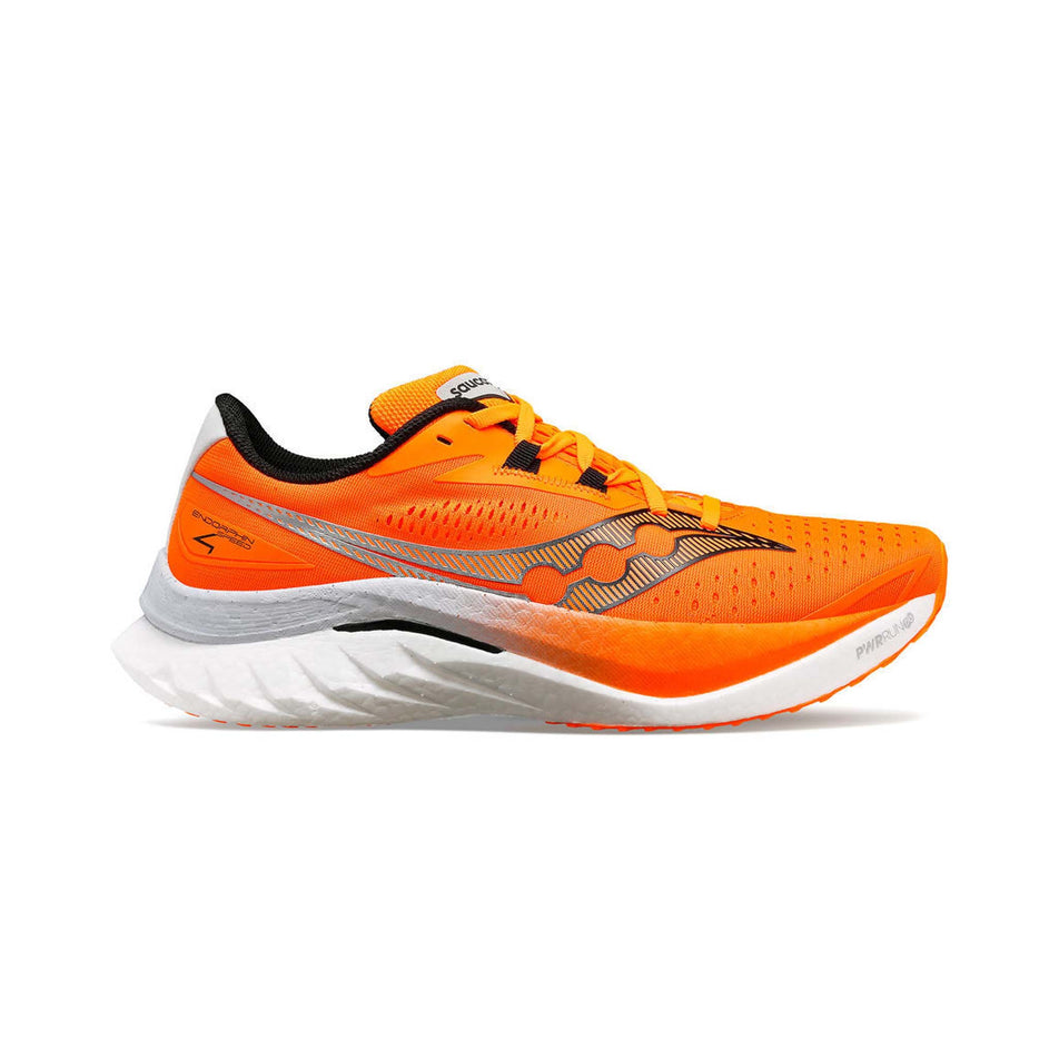 Lateral side of the right shoe from a pair of Saucony Men's Endorphin Speed 4 Running Shoes in the Viziorange colourway (8164398104738)