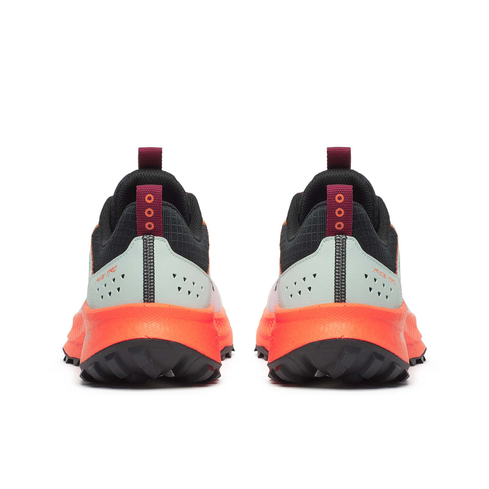The back of a pair of Saucony Men's Ride TR2 Running Shoes in the White/Fire colourway.