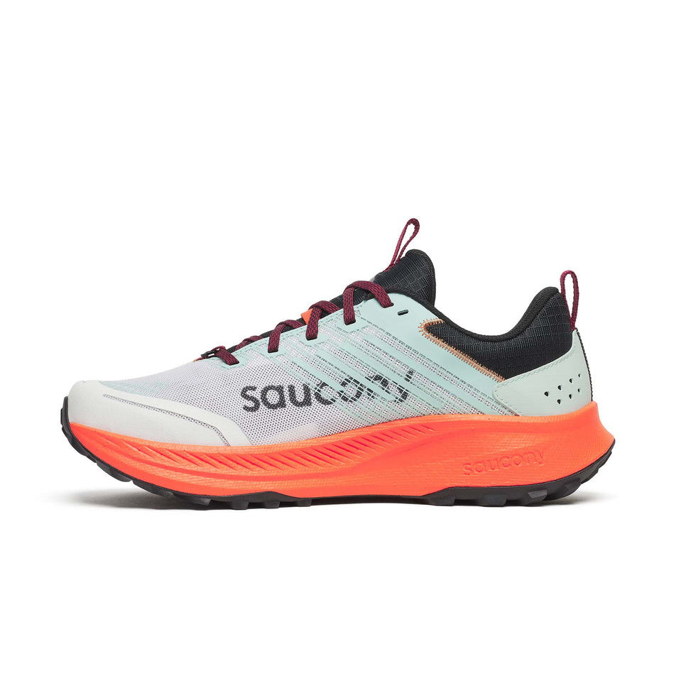 Medial view of the right shoe from a pair of Saucony Men's Ride TR2 Running Shoes in the White/Fire colourway.