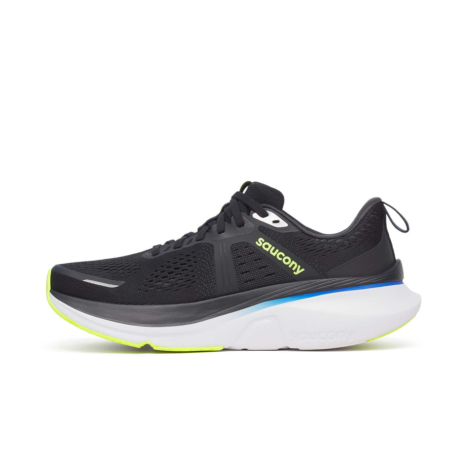 Medial view of the right shoe from a pair of Saucony Men's Guide 18 Running Shoes in the Black/Lapis colourway. (8654949941410)