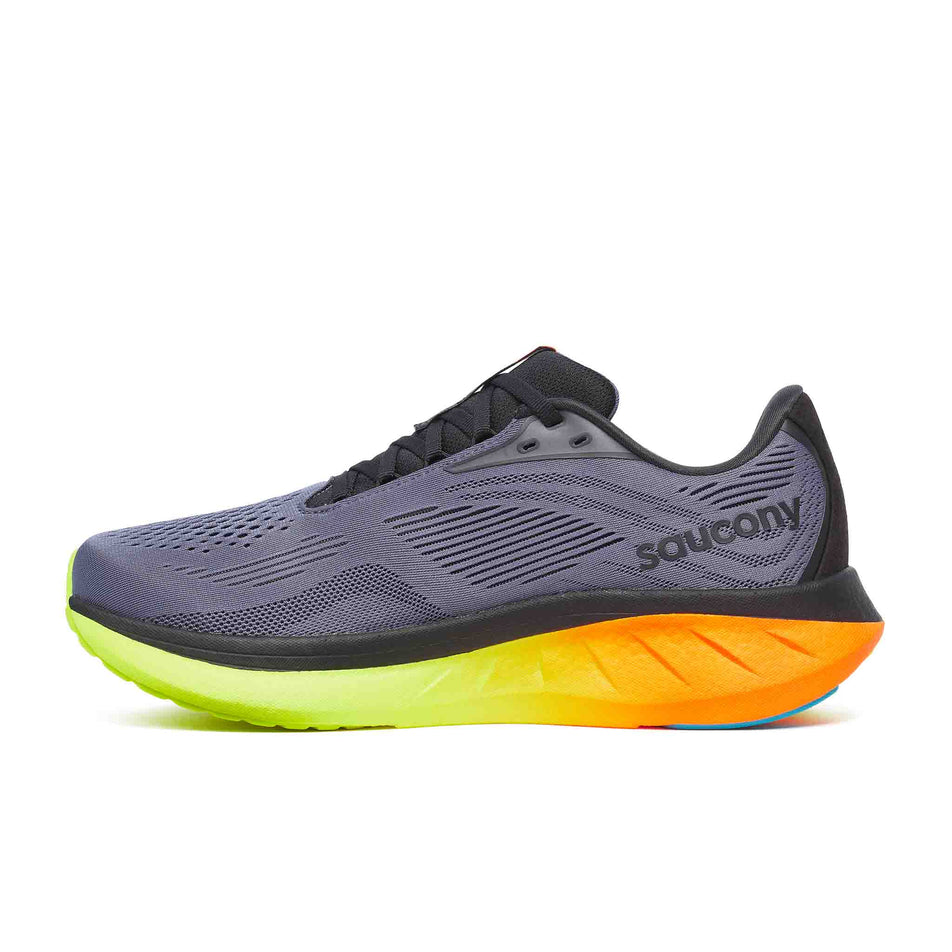 Medial view of the right shoe from a pair of Saucony Men's Ride 18 Running Shoes in the Shadow/Vizi colourway. (8654251720866)