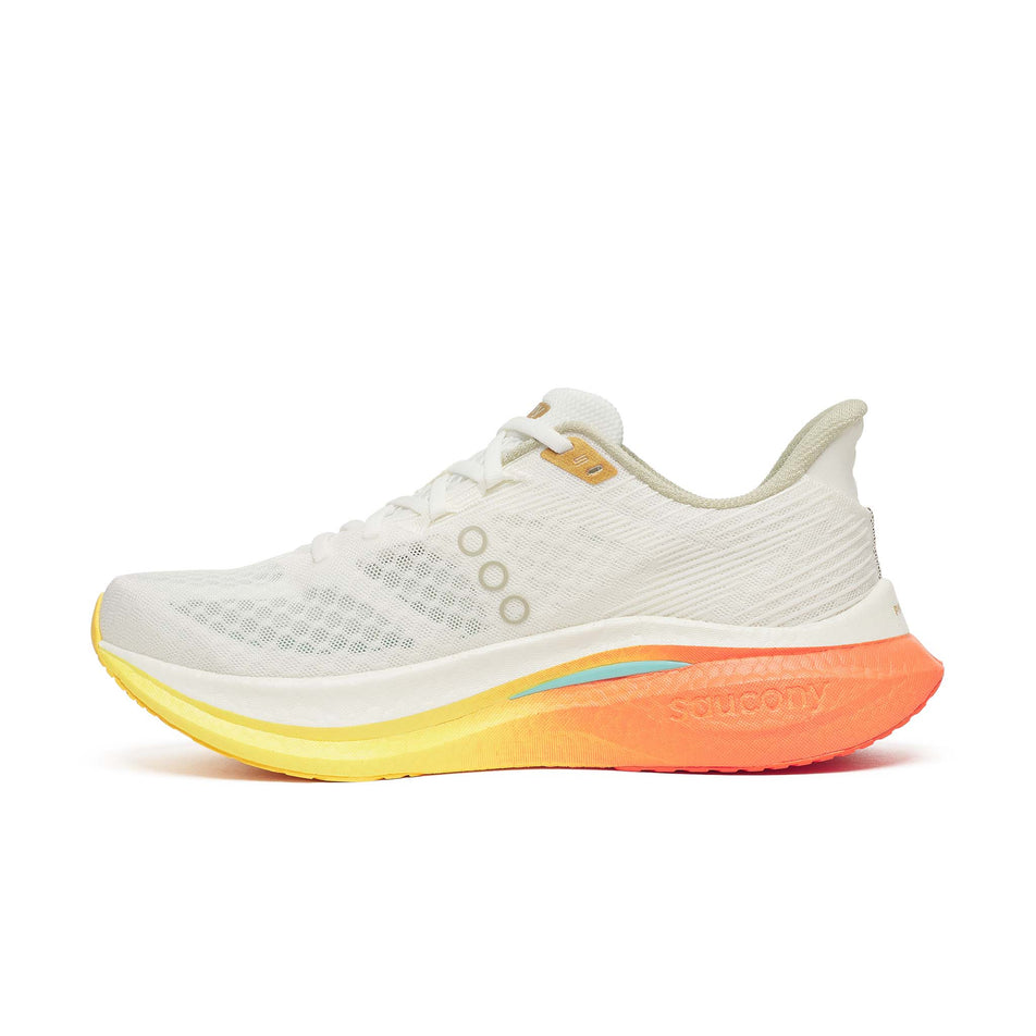 Medial view of the right shoe from a pair of Saucony Men's Endorphin Speed 5 Running Shoes in the Ivory/Fire colourway.