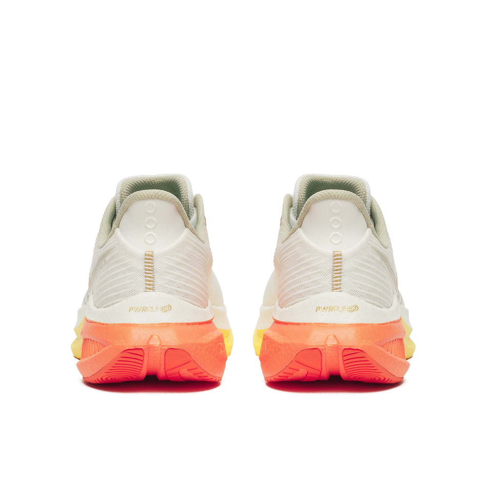 The back a pair of Saucony Men's Endorphin Speed 5 Running Shoes in the Ivory/Fire colourway.
