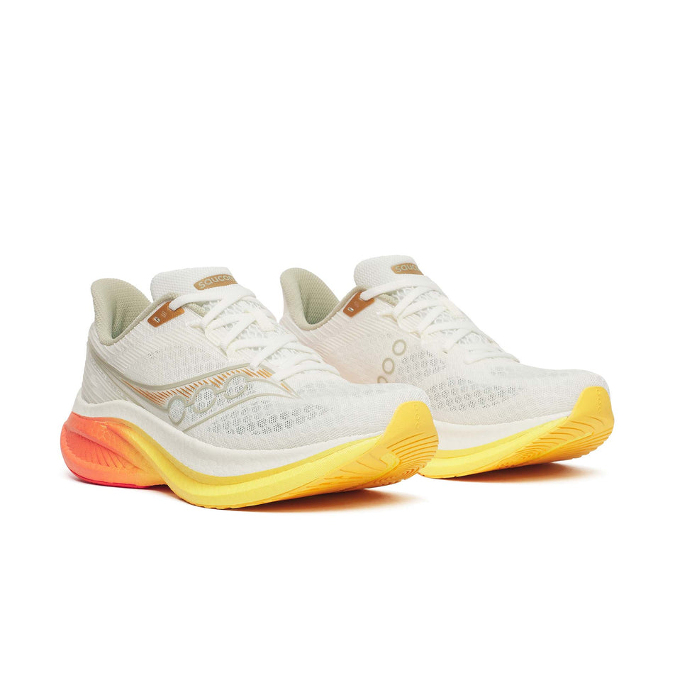 A pair of Saucony Men's Endorphin Speed 5 Running Shoes in the Ivory/Fire colourway.