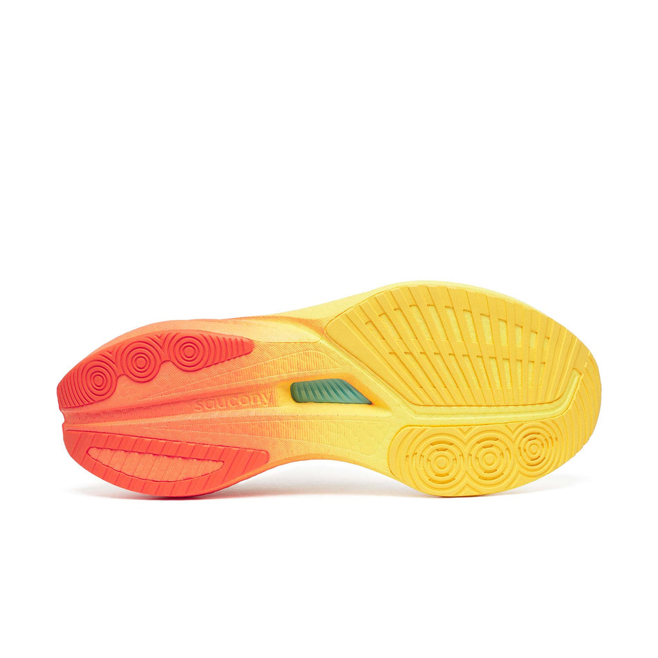 The outsole of the right shoe from a pair of Saucony Men's Endorphin Speed 5 Running Shoes in the Ivory/Fire colourway.
