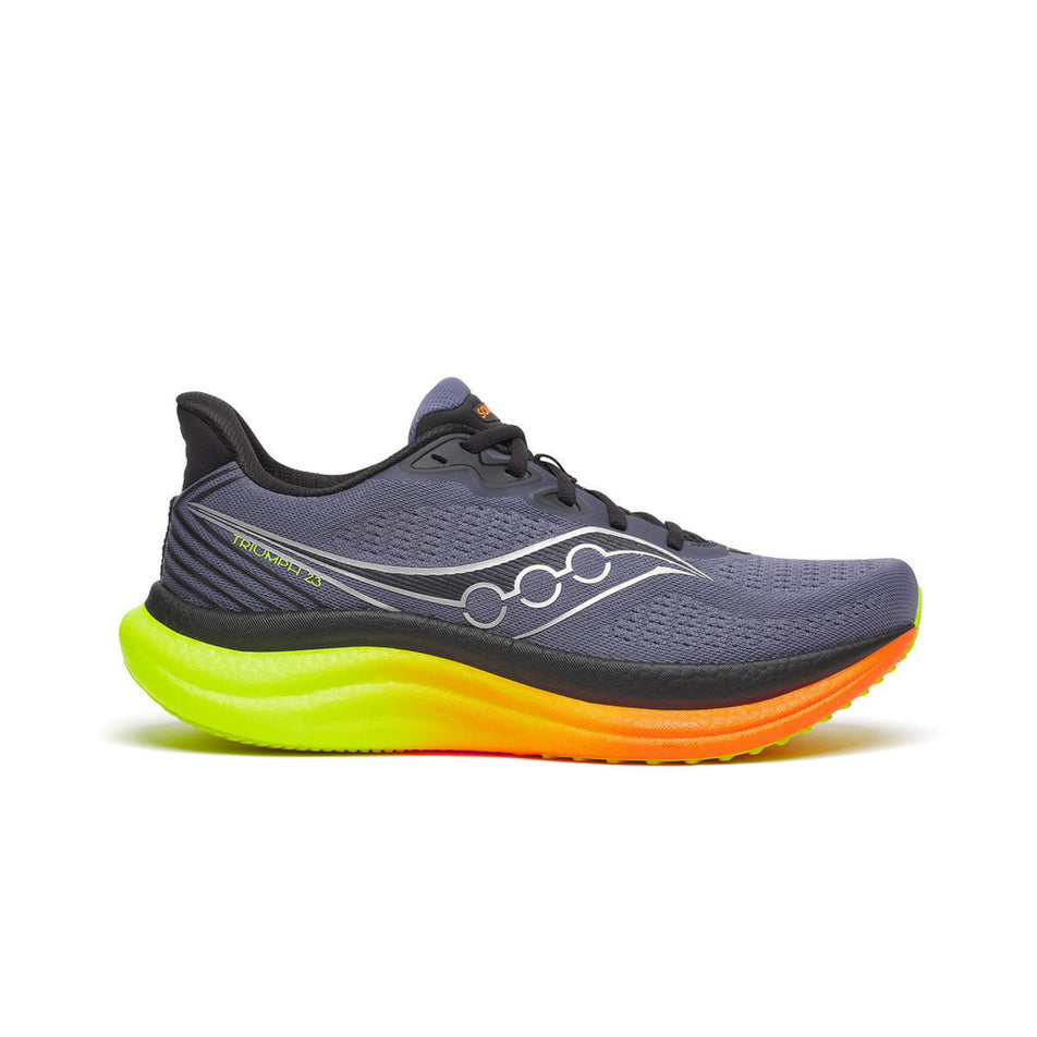 Lateral view of the right shoe from a pair of Saucony Men's Triumph 23 Running Shoes in the Shadow/Vizi colourway. (8654237204642)