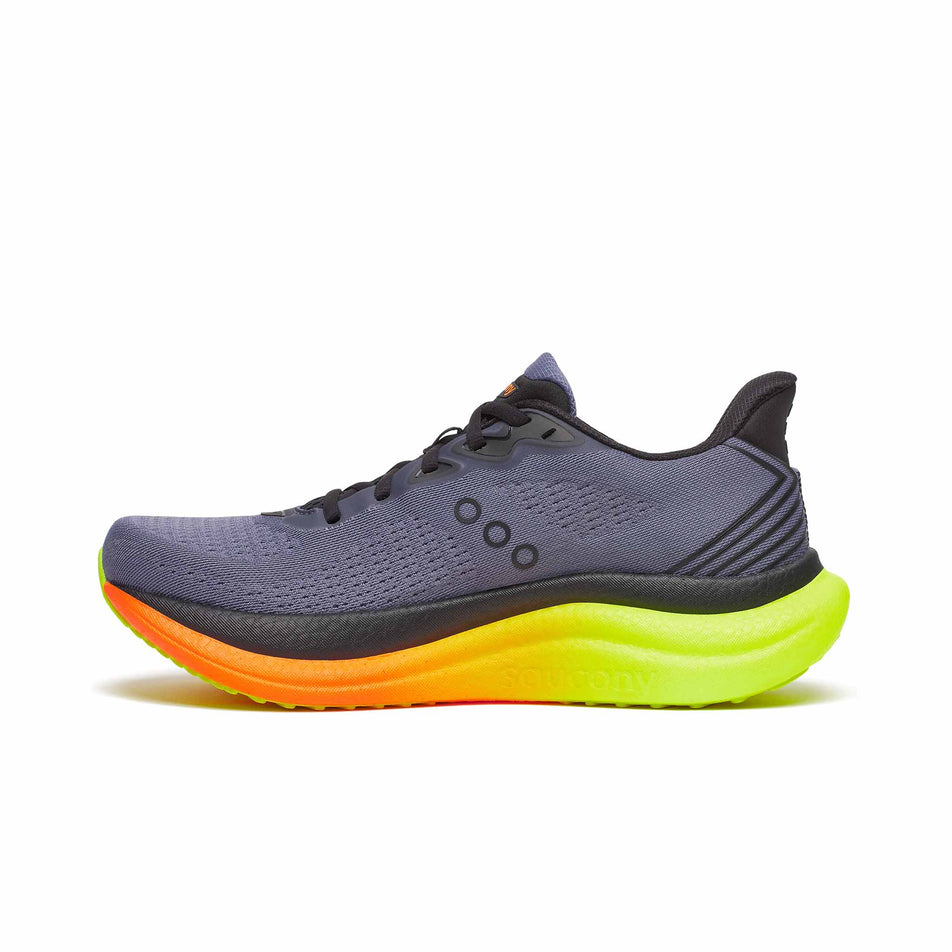 Medial view of the right shoe from a pair of Saucony Men's Triumph 23 Running Shoes in the Shadow/Vizi colourway. (8654237204642)