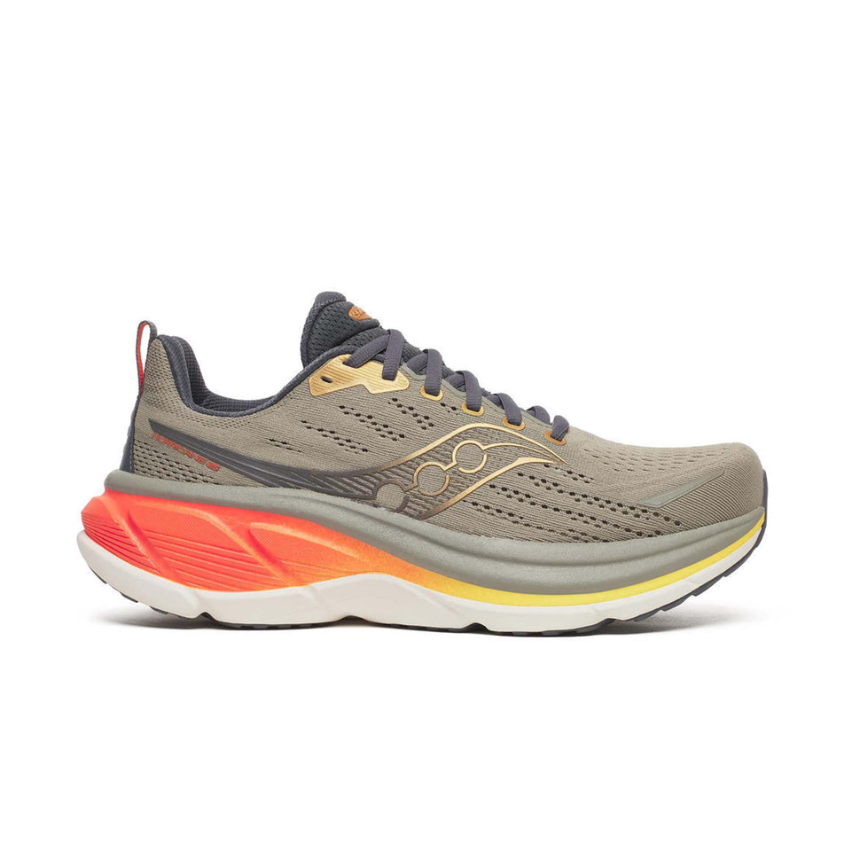 Lateral view of the right shoe from a pair of Saucony Men's Hurricane 25 Running Shoes in the Laurel/Fire colourway.