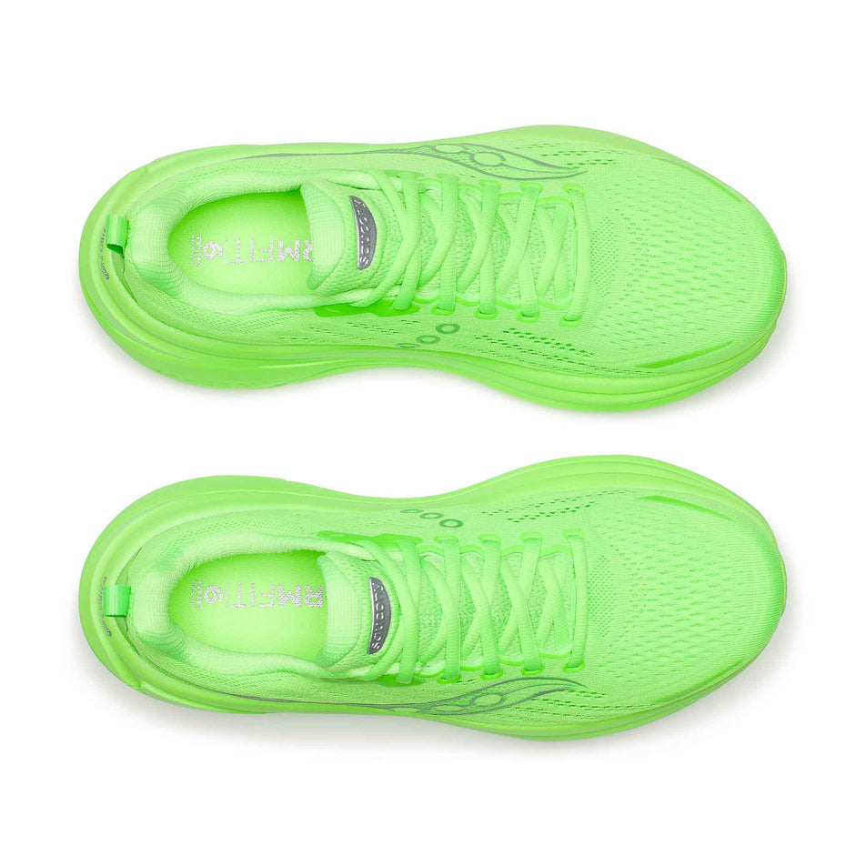 The uppers of a pair of Saucony Men's Hurricane 25 Running Shoes in the Slime/Silver colourway.