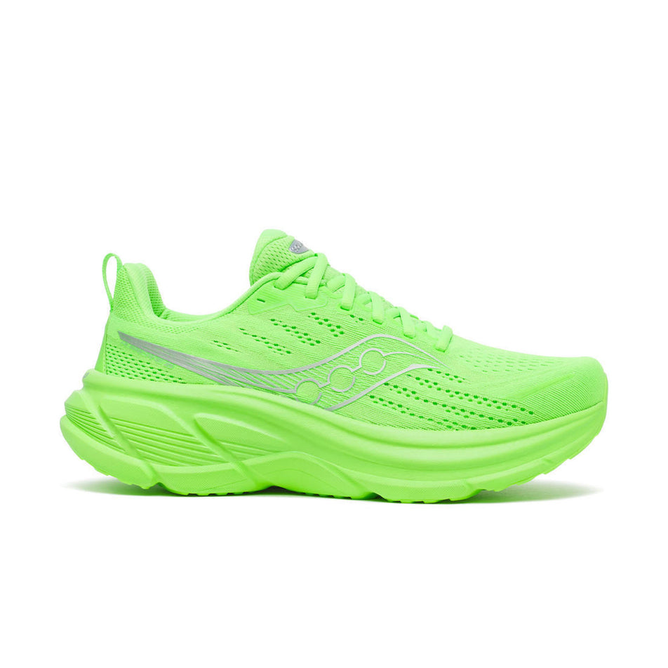 Lateral view of the right shoe from a pair of Saucony Men's Hurricane 25 Running Shoes in the Slime/Silver colourway.
