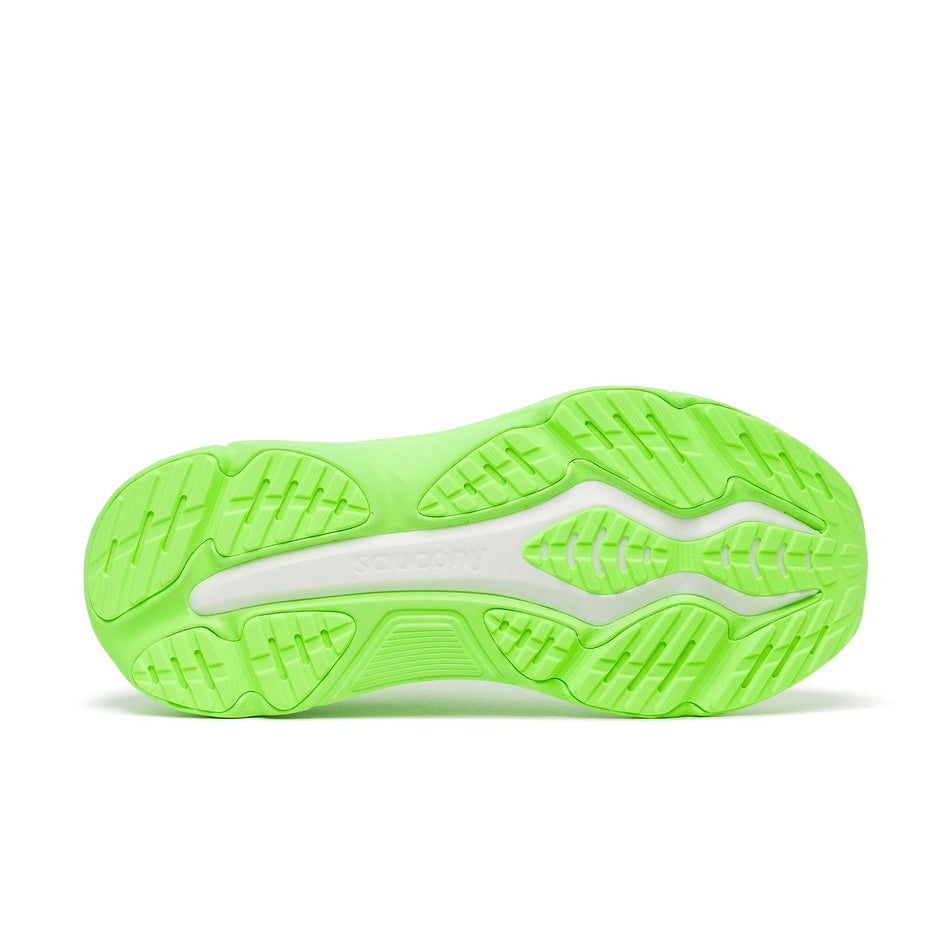 The outsole of the right shoe from a pair of Saucony Men's Hurricane 25 Running Shoes in the Slime/Silver colourway.