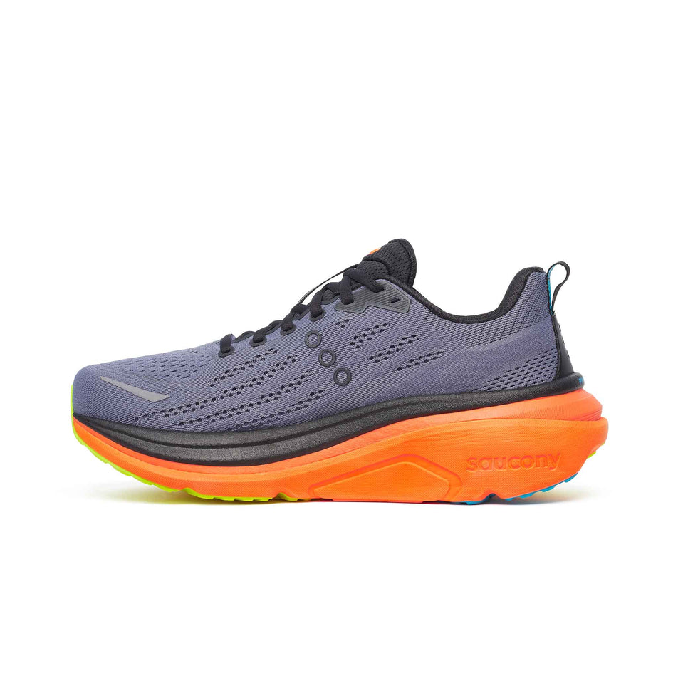 Medial view of the right shoe from a pair of Saucony Men's Hurricane 25 Running Shoes in the Shadow/Vizi colourway. (8654937882786)