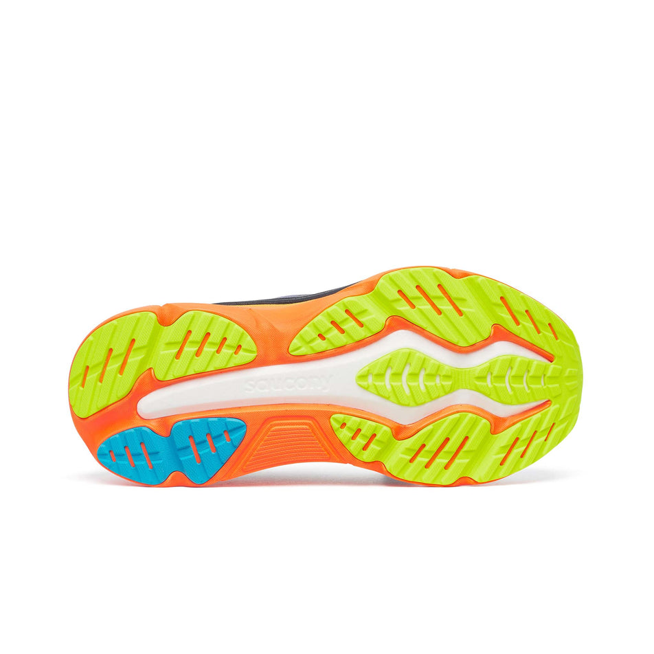 The outsole of the right shoe from a pair of Saucony Men's Hurricane 25 Running Shoes in the Shadow/Vizi colourway. (8654937882786)