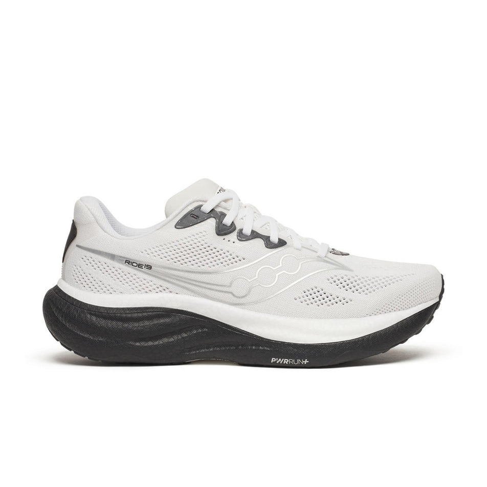 Lateral view of the right shoe from a pair of Saucony Men's Ride 19 Running Shoes in the White/Black colourway.