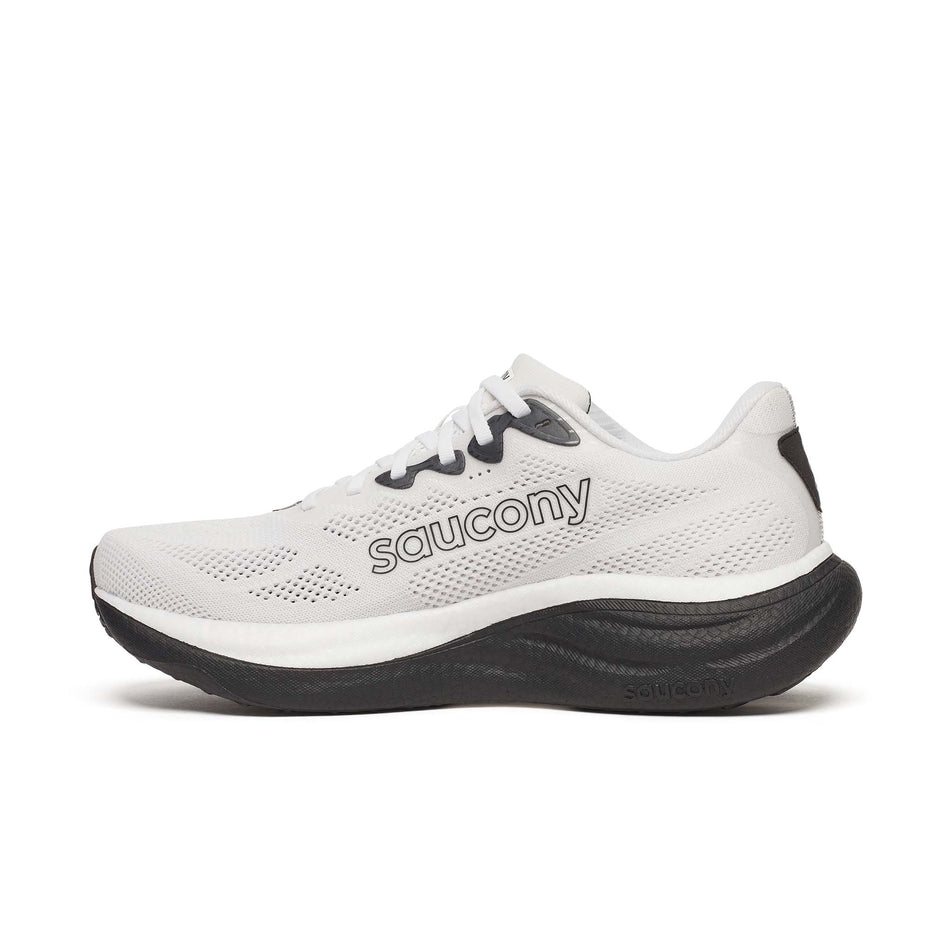 Medial view of the right shoe from a pair of Saucony Men's Ride 19 Running Shoes in the White/Black colourway.