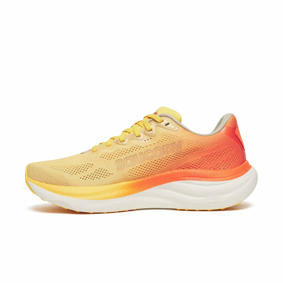 Medial view of the right shoe from a pair of Saucony Men's Ride 19 Running Shoes in the Sunrise colourway.