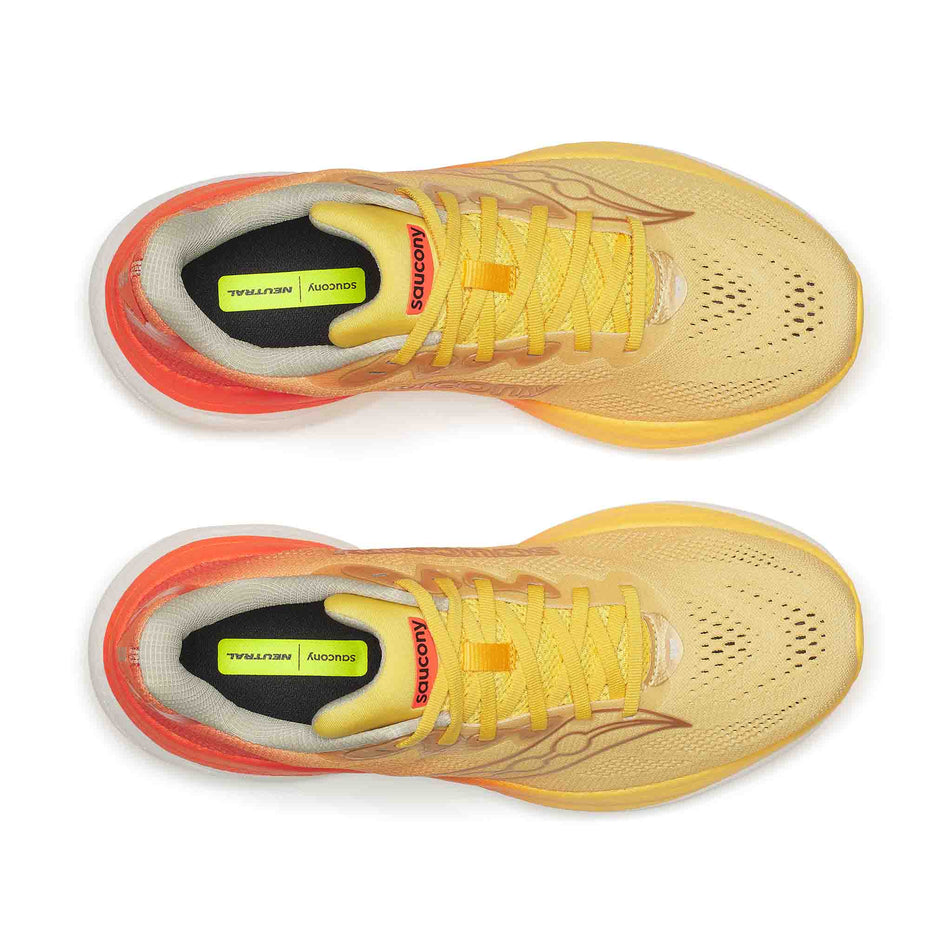 The uppers of a pair of Saucony Men's Ride 19 Running Shoes in the Sunrise colourway.