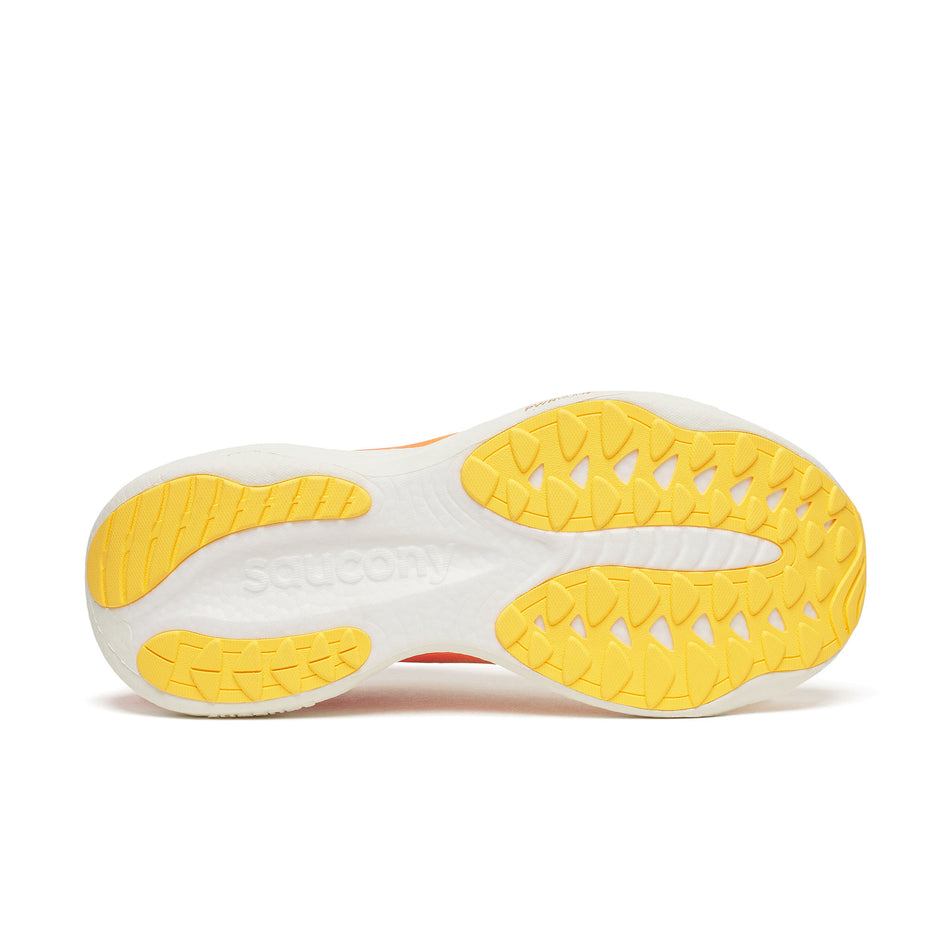 The outsole of the right shoe from a pair of Saucony Men's Ride 19 Running Shoes in the Sunrise colourway.