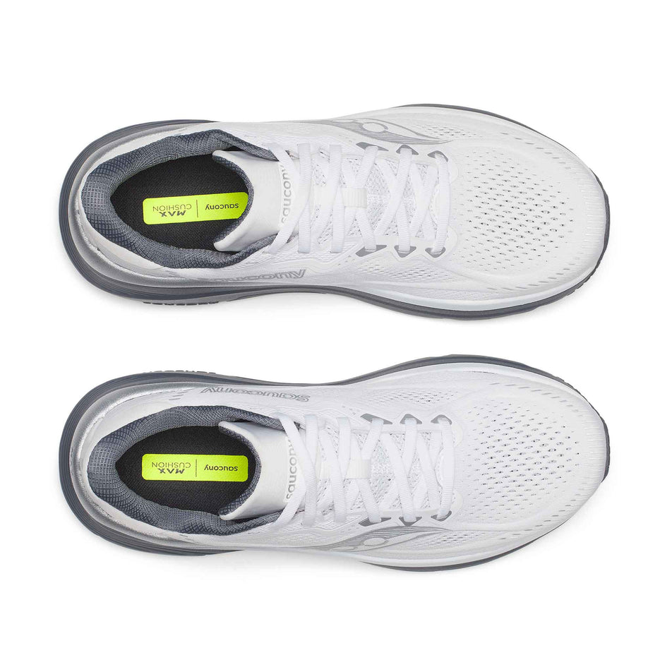 The uppers of a pair of Saucony Men's Guide 19 Running Shoes in the White/Shadow colourway.