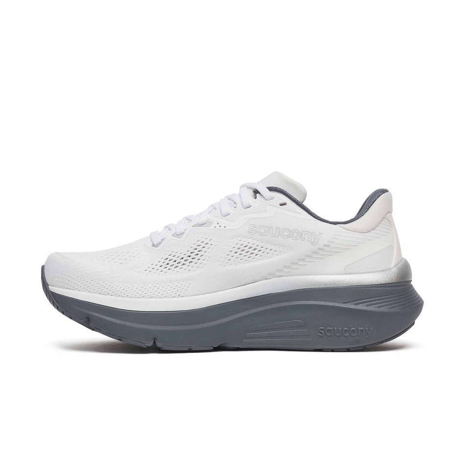Medial view of the right shoe from a pair of Saucony Men's Guide 19 Running Shoes in the White/Shadow colourway.