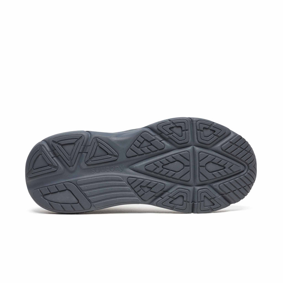 The outsole of the right shoe from a pair of Saucony Men's Guide 19 Running Shoes in the White/Shadow colourway.