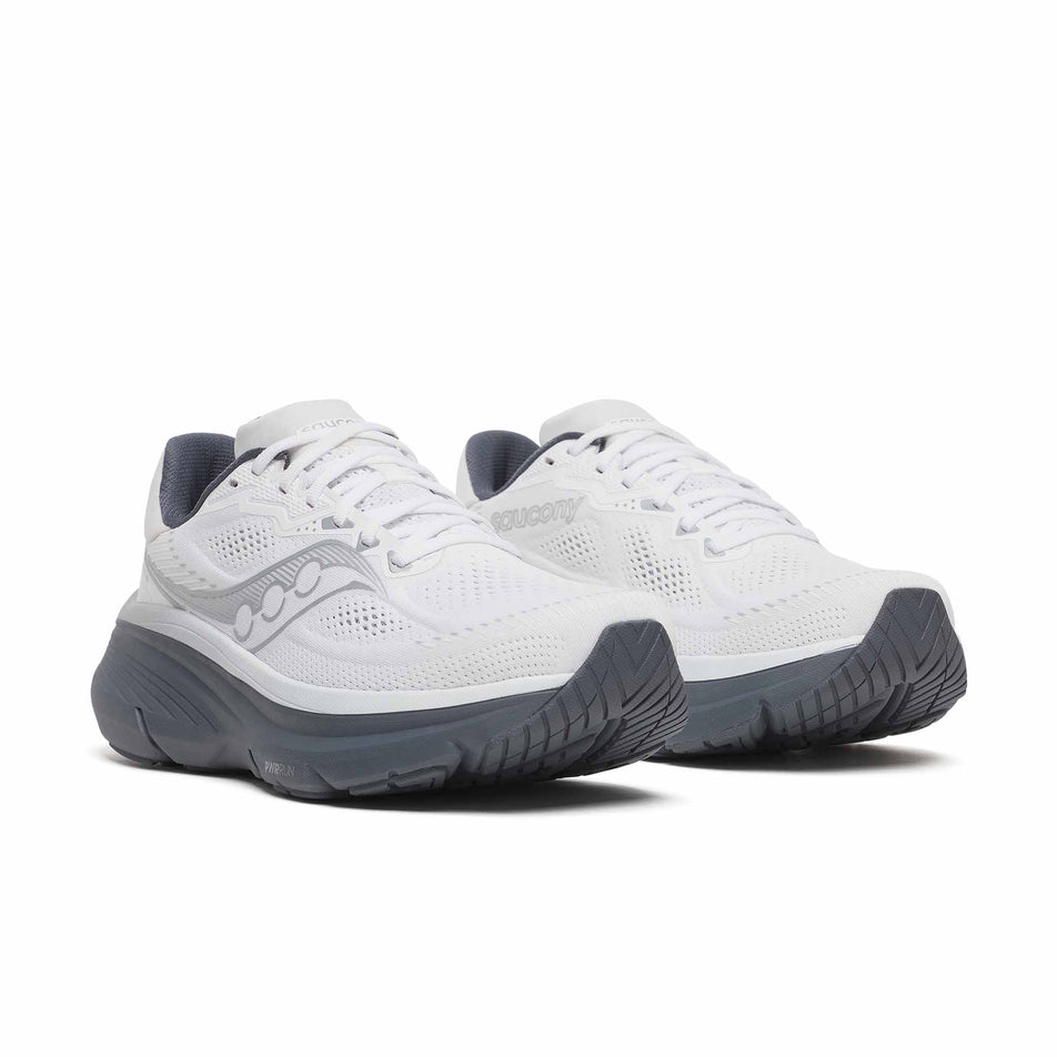 A pair of Saucony Men's Guide 19 Running Shoes in the White/Shadow colourway.