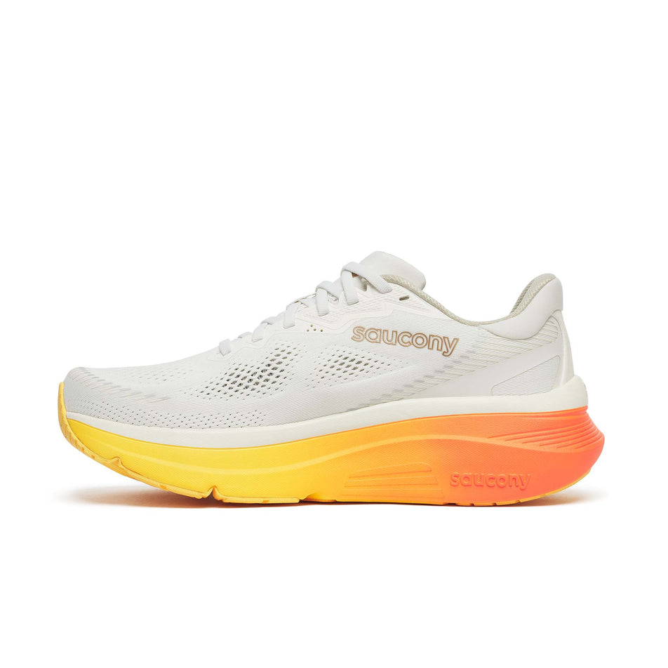 Medial view of the right shoe from a pair of Saucony Men's Guide 19 Running Shoes in the Ivory/Fire colourway.