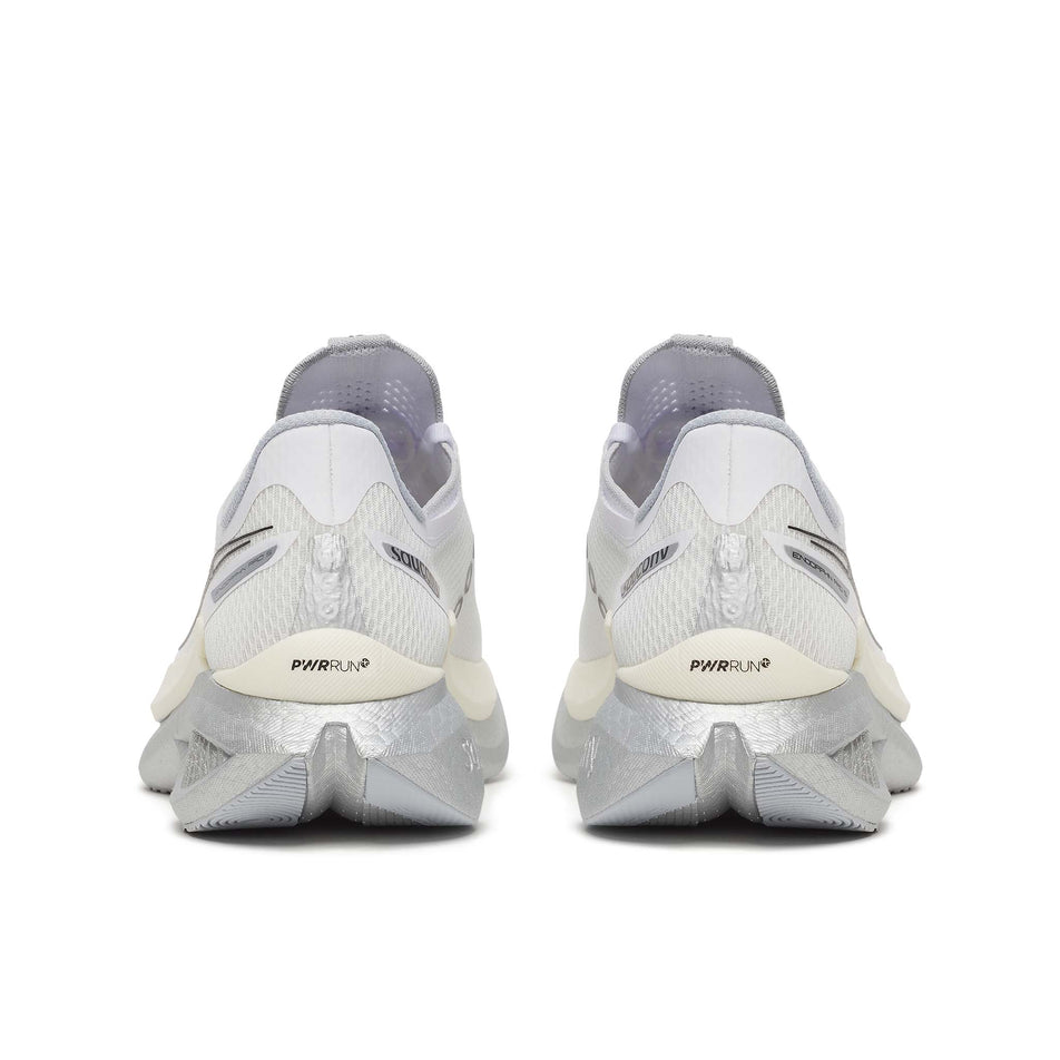 The back of a pair of Saucony Men's Endorphin Pro 5 Running Shoes in the White/Black colourway.