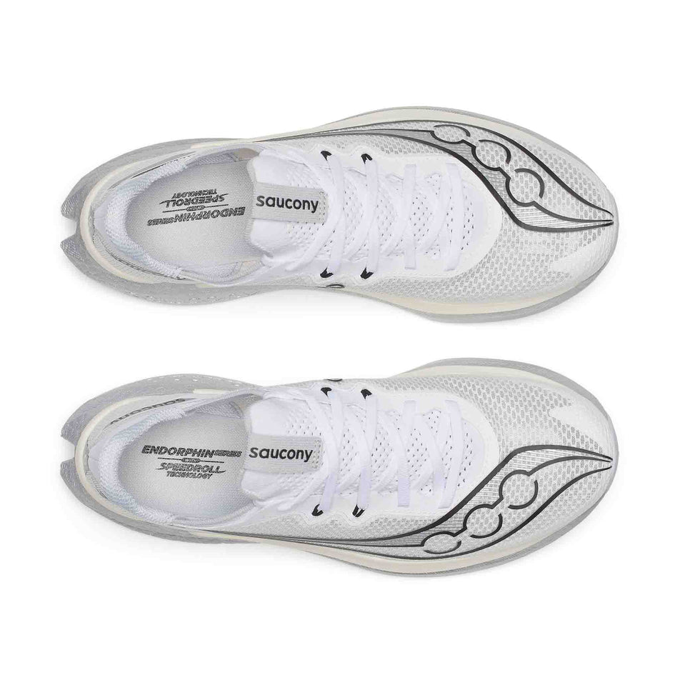 The uppers of a pair of Saucony Men's Endorphin Pro 5 Running Shoes in the White/Black colourway.