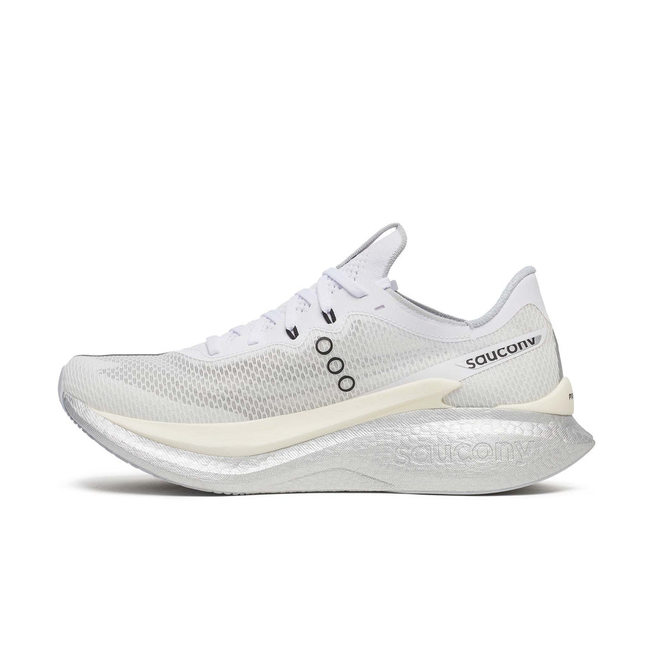 Medial view of the right shoe from a pair of Saucony Men's Endorphin Pro 5 Running Shoes in the White/Black colourway.