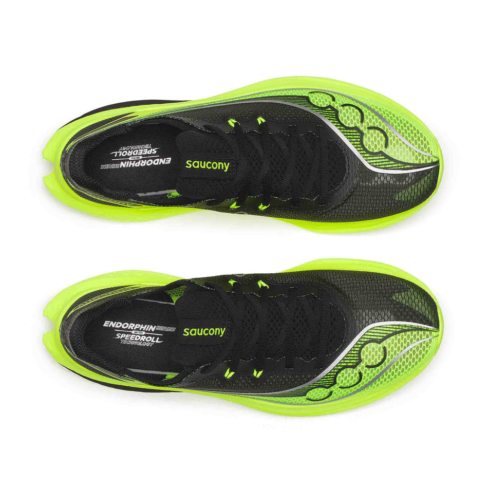 The uppers of a pair of Saucony Men's Endorphin Pro 5 Running Shoes in the Citron/Black colourway.