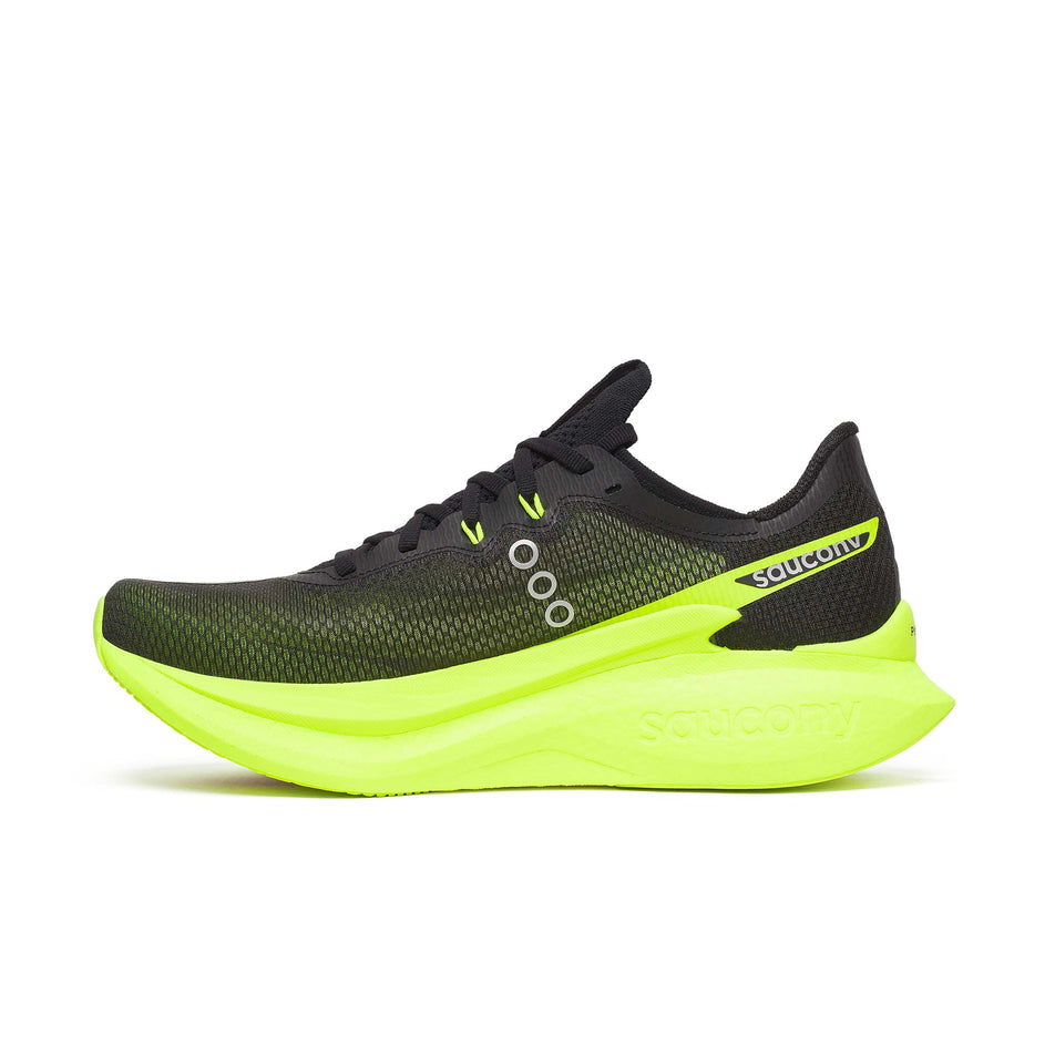 Medial view of the right shoe from a pair of Saucony Men's Endorphin Pro 5 Running Shoes in the Citron/Black colourway.