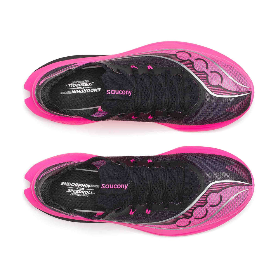 The uppers of a pair of Saucony Men's Endorphin Pro 5 Running Shoes in the Black/Shock colourway.