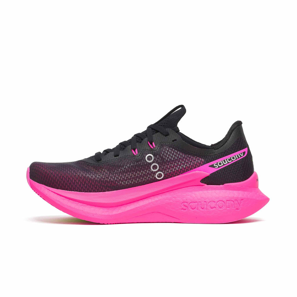 Medial view of the right shoe from a pair of Saucony Men's Endorphin Pro 5 Running Shoes in the Black/Shock colourway.