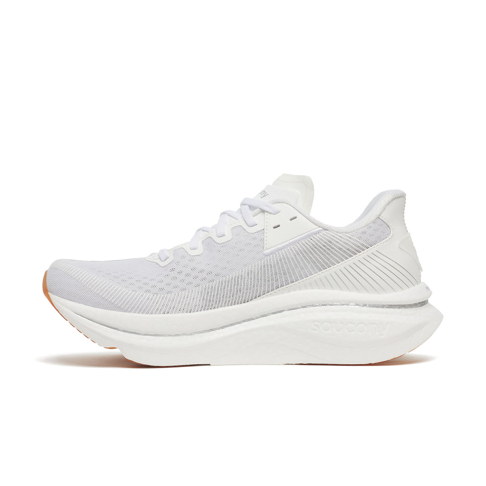 Medial view of the right shoe from a pair of Saucony Men's Endorphin Azura Running Shoes in the White/Gum colourway.