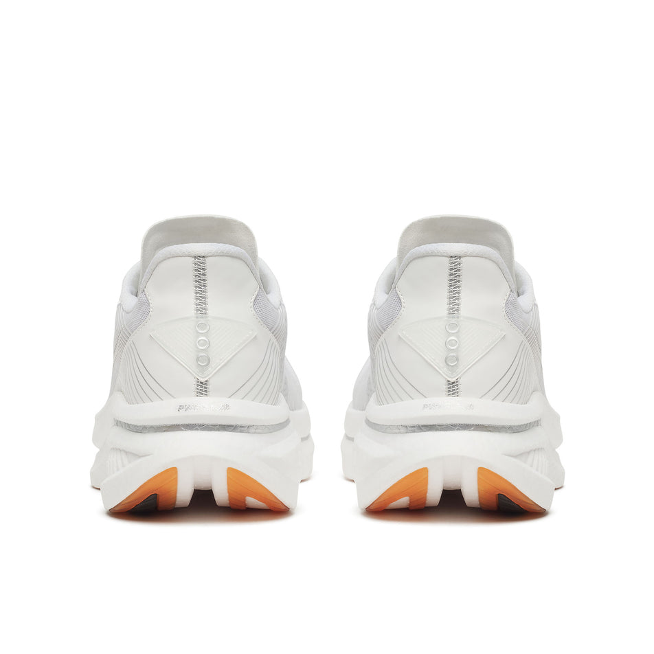 The back of a pair of Saucony Men's Endorphin Azura Running Shoes in the White/Gum colourway.