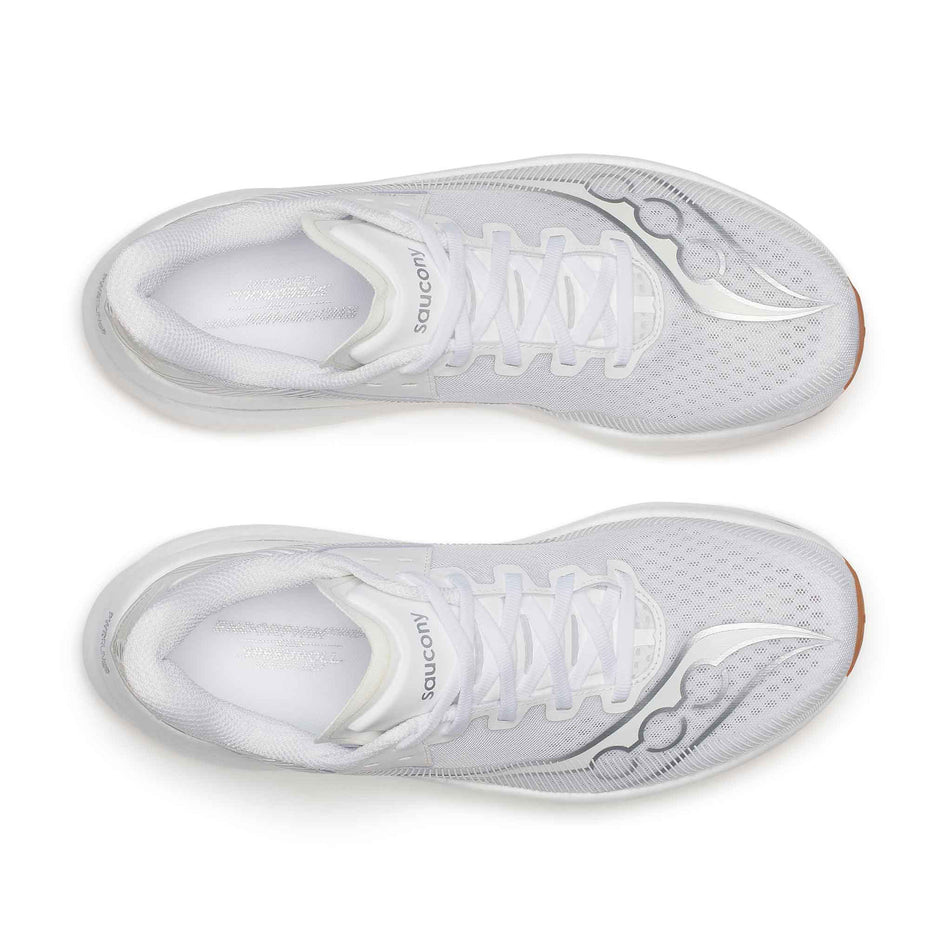 The uppers of a pair of Saucony Men's Endorphin Azura Running Shoes in the White/Gum colourway.