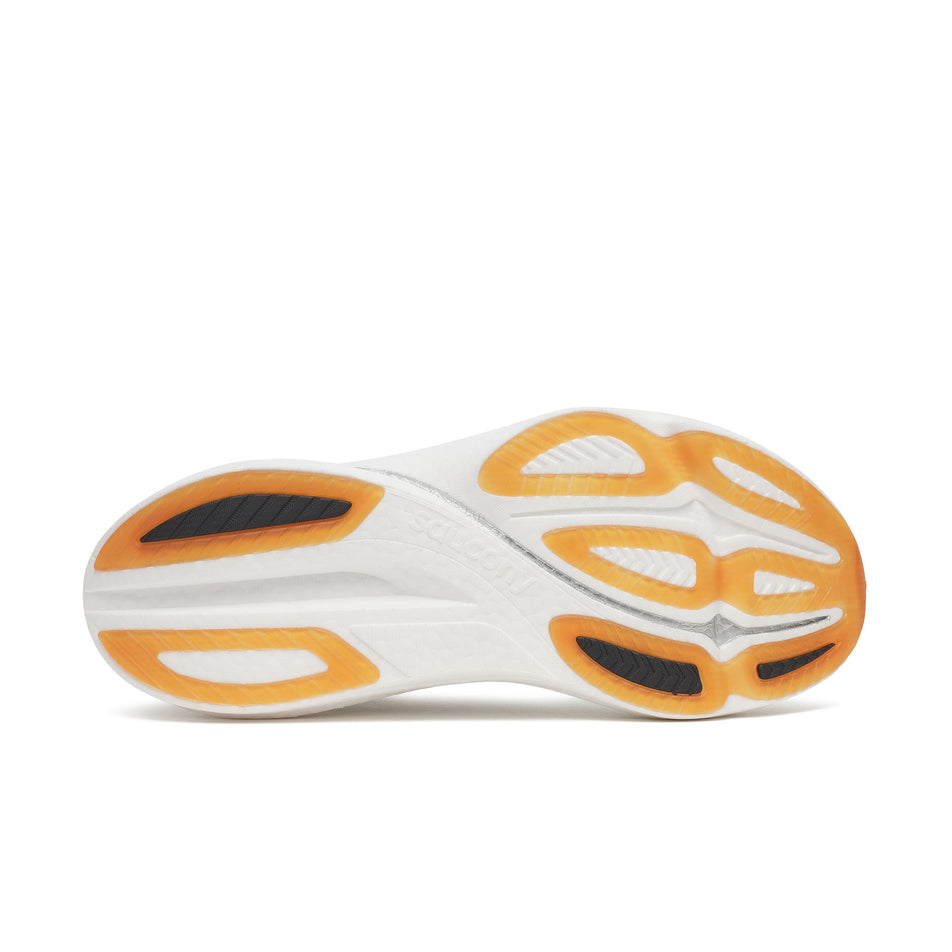 The outsole of the right shoe from a pair of Saucony Men's Endorphin Azura Running Shoes in the White/Gum colourway.