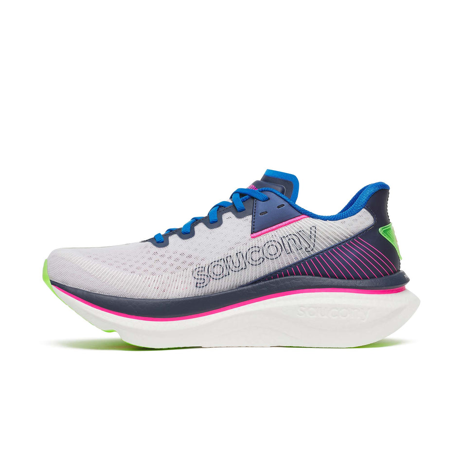 Medial view of the right shoe from a pair of Saucony Men's Endorphin Azura Running Shoes in the White/Navy colourway.