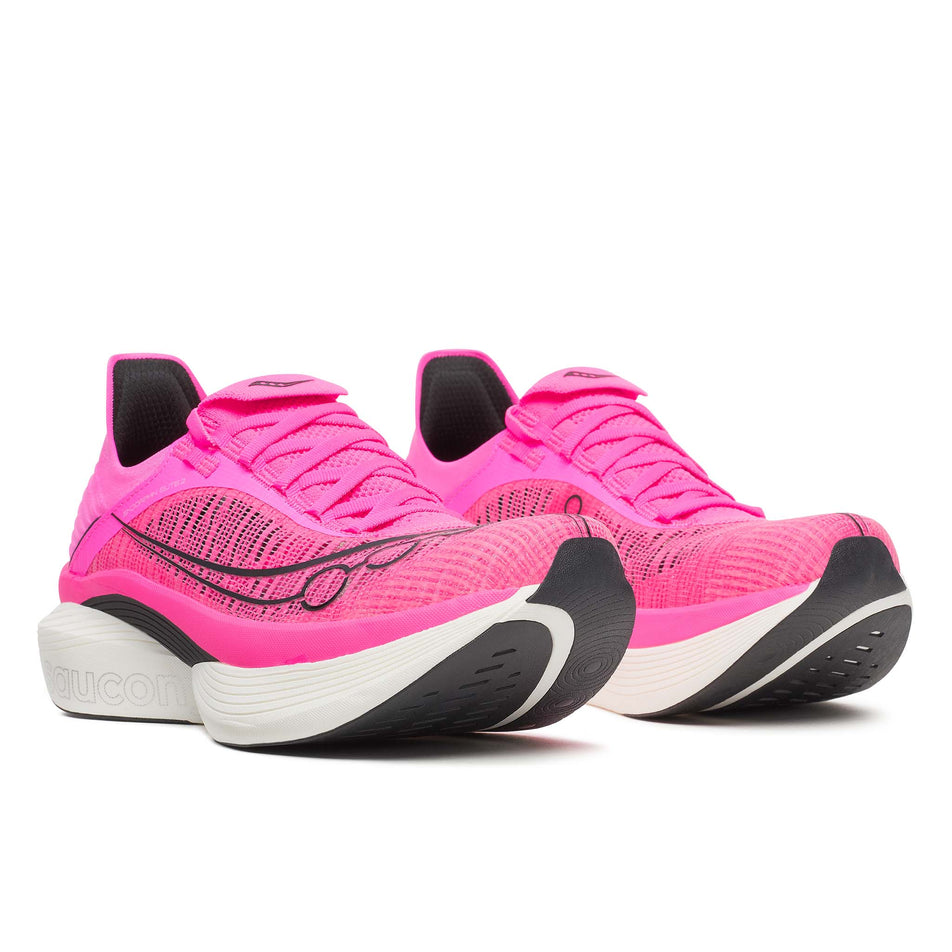 A pair of Saucony Unisex Endorphin Elite 2 Running Shoes in the Shock/Black colourway.