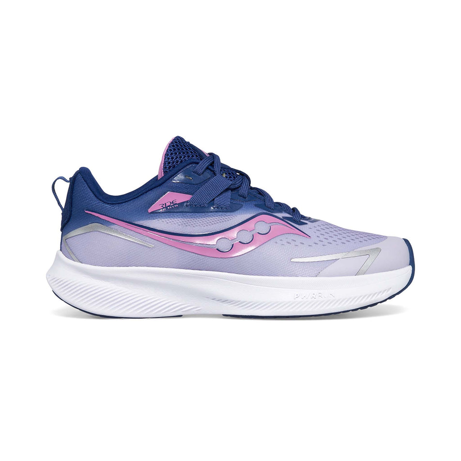 Lateral side of the right shoe from a pair of Saucony Girls' Ride 15 Running Shoes in the Mauve/Indigo colourway (7996862955682)