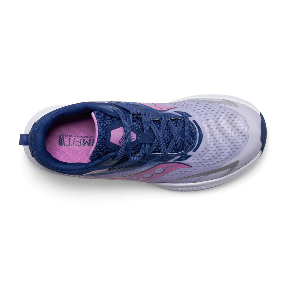 Upper of the right shoe from a pair of Saucony Girls' Ride 15 Running Shoes in the Mauve/Indigo colourway (7996862955682)