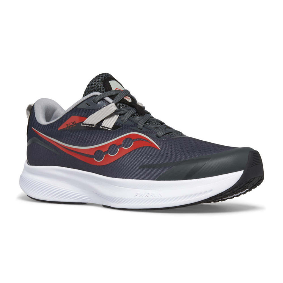 Lateral side of the right shoe from a pair of Saucony Boys' Ride 15 Running Shoes in the Grey/Black/Red colourway (7996845097122)