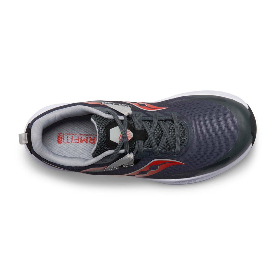 Upper of the right shoe from a pair of Saucony Boys' Ride 15 Running Shoes in the Grey/Black/Red colourway (7996845097122)