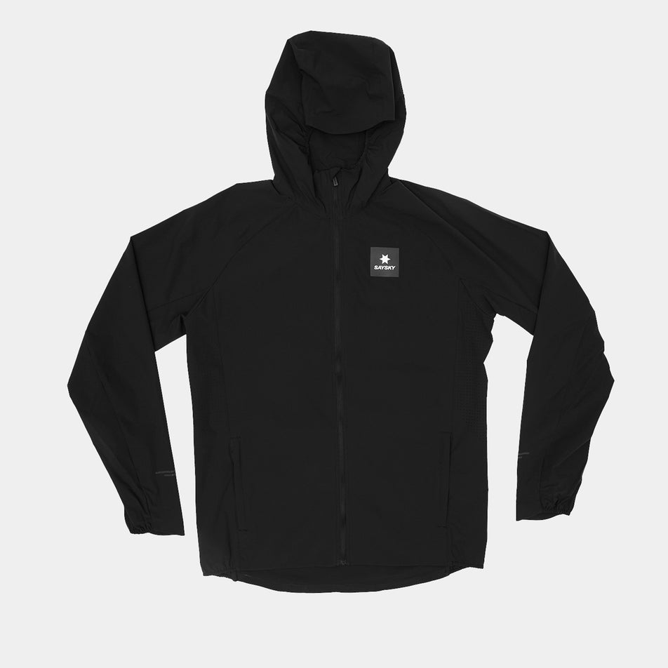 Front view of the SAYSKY Men's Clean Pace Flex Hooded Jacket in the Black-26 colourway.