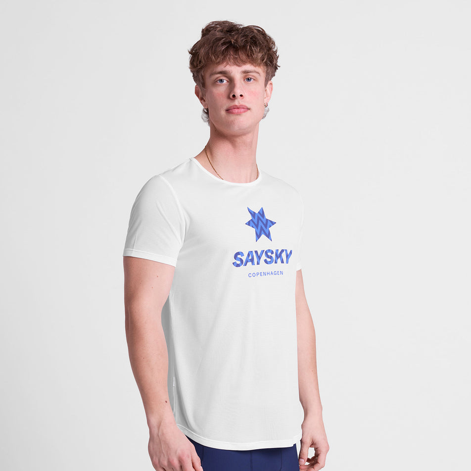 Front view of a model wearing the SAYSKY Men's Zig Zag Flow T-Shirt in the White colourway.